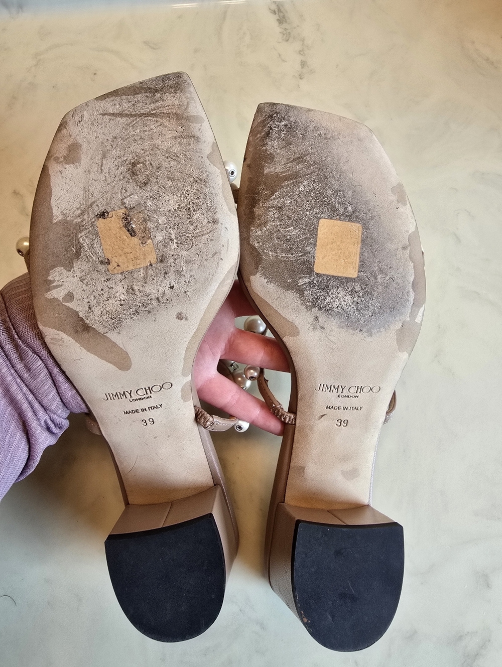 Jimmy Choo Amara Beige Pearl Embellished Slide Sandal Size 39 - Picture 9 of 11